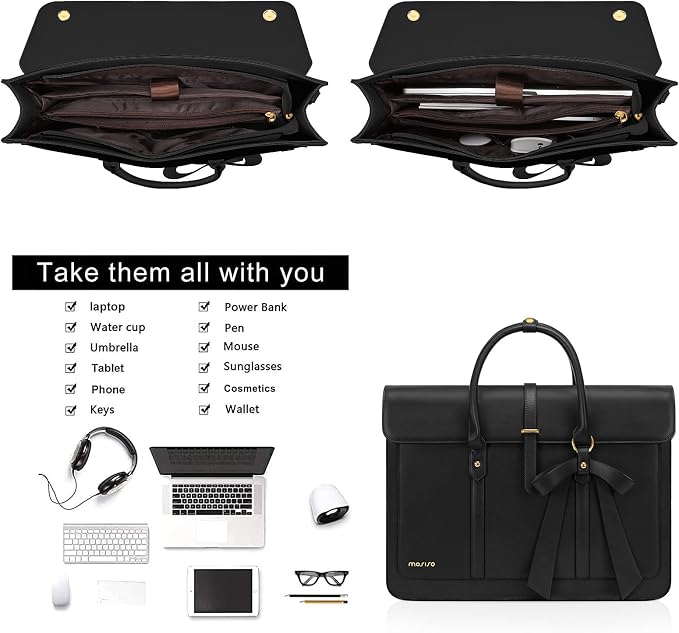 MOSISO Laptop Bag for Women, 17 inch PU Leather Laptop Shoulder Bags Convertible Backpack, 17.3 inch Messenger Bags Casual Handbag Work Briefcase Travel Computer Bag with Bowknot, Black