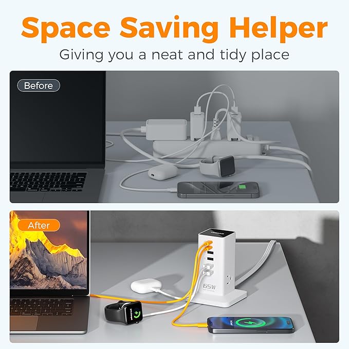 Charging Station for Multiple Devices, TESSAN 9-in-1 USB C Power Strip for iPhone 17/16/15, MacBook, Tablet, Desktop Phone Fast Charger with 3 AC, USB Charger, Home Drom Office Accessories, White-65W