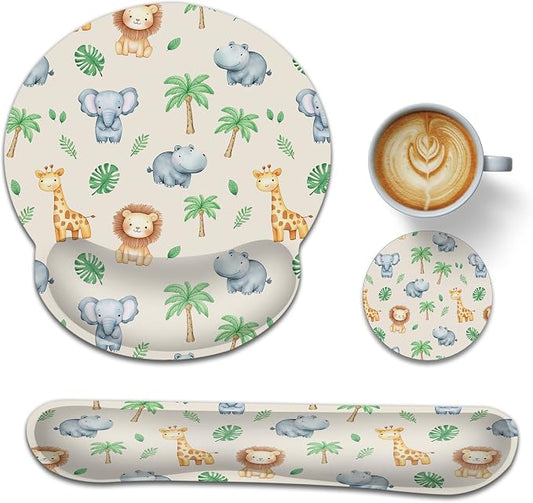 Cute Animals Ergonomic Keyboard and Mouse Wrist Rest Set, Lions Giraffes Elephants Mouse Pad with Non Slip Base, Soft Cloth Surface for Office and Home Typing Support