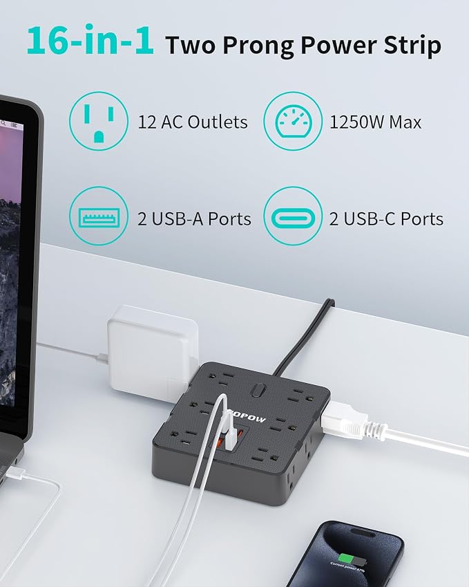 HOPOW 2 Prong Power Strip, 2 Prong to 3 Prong Outlet Adapter with 12 AC & 4 USB(2 USB-C), 1700J Two Prong Surge Protector, 6FT Extension Cord, Wall Mountable, Ideal for Old House Non-Grounded Outlets