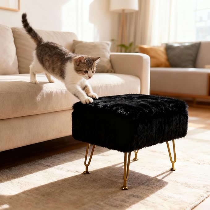 Small Foot Stool with Storage & Gold Metal Legs, Small Ottoman Foot Rest Under Desk for Couch, Chair, Black Furry with High-Density Resilient Sponge