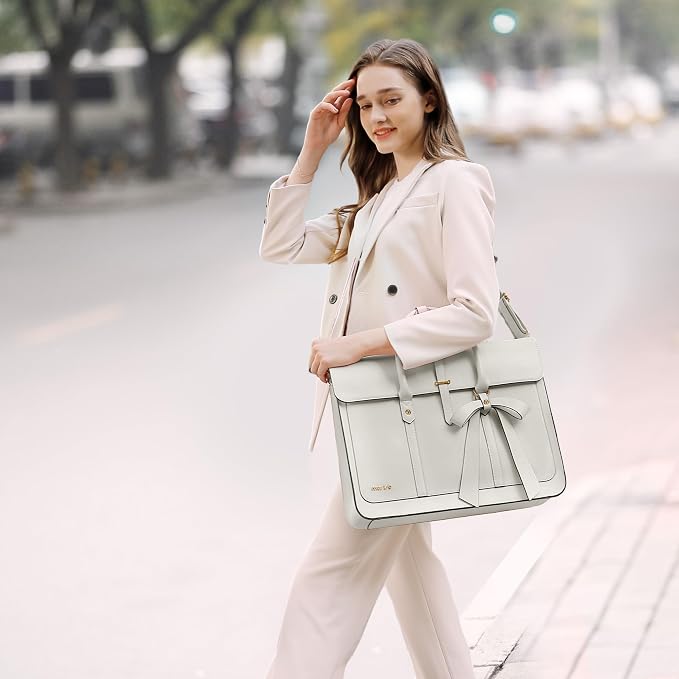 MOSISO Laptop Bag for Women, 13-14 inch PU Leather Laptop Shoulder Bags Convertible Backpack, 13.3 inch Messenger Bags Casual Handbag Work Briefcase Travel Computer Bag with Bowknot, Beige