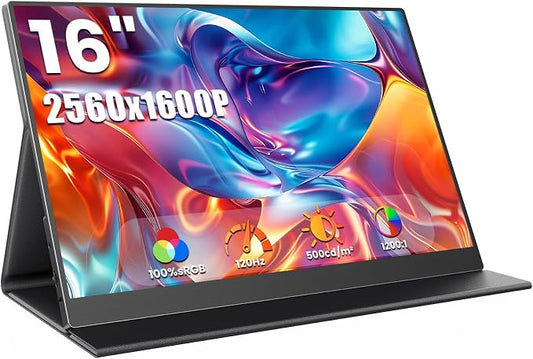 ZUCWO 16" 2.5k Portable Computer Monitor,Gaming Monitor,Portable Monitors for Laptop PC Mac Phone PS5,120Hz 100% sRGB LTPS Display HDR Screen Extender with Smart Cover, USB C & HDMI,Travel Work Home
