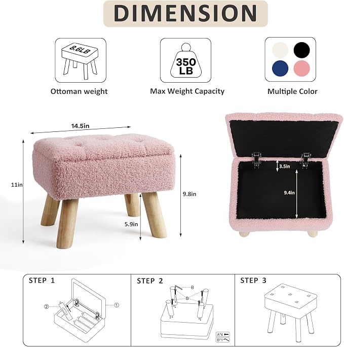 OGEMXU Storage Ottoman, Small Foot Stool Ottoman with Storage, Boucle Teddy Velvet Foot Rest with Padded Seat, Sturdy Wood Legs Stool for Living Room, Bedroom, Couch, Enterway (Pink)