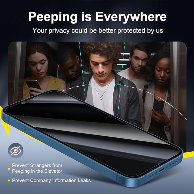 NEW'C 3x Privacy for iPhone 13 Screen Protector (6.1 inches)+ 3x Camera Lens Protector, Sensor Protection, Case Friendly Tempered Glass Film + Dust Plug- Enhanced Privacy Angle of 28 Degrees