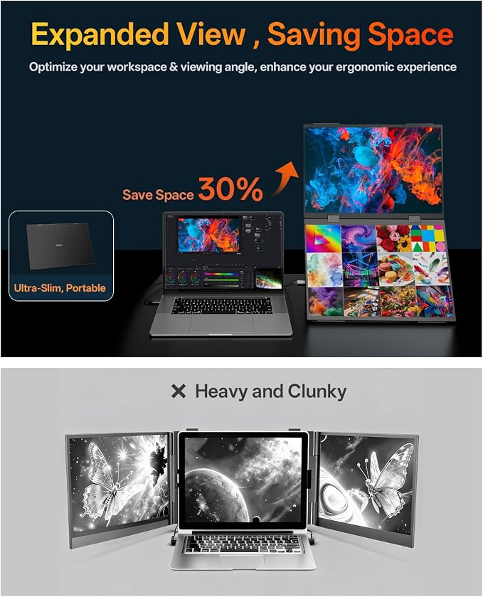 DEPGI 14" Dual Portable Laptop Screen Extender, Stacked Dual Portable Monitor for 13"-16" Laptops, Foldable Triple Screen with 30W PD Adapter, USB-C One-Cable Plug & Play for MacBook, Windows