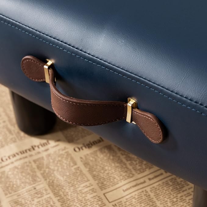 Small Foot Stool with Handle, Blue PU Leather Short Foot Stool Rest, Rectangle Storage Foot Stools Ottoman with Plastic Legs, Padded Footstool Small Step Stool for Living Room, Office, Desk, Patio