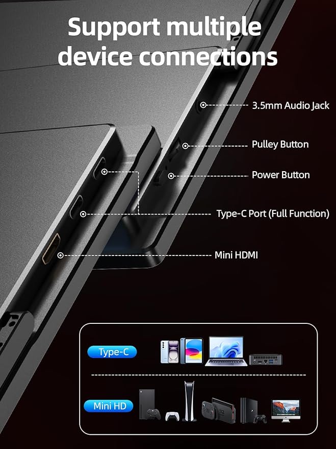 Portable Monitor 18.5'' 1080P 100Hz 100% sRGB, Aluminum Alloy Shell, IPS Travel Monitor with USB-C HDMI Large Portable Screen for Laptop MacBook PC PS4/5 Gaming Monitor with Kickstand