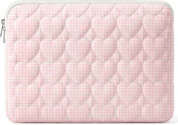 13-14 inch Cotton Quilted Laptop Sleeve for Women, Aesthetic Puffy Laptop Case Carrying Bag Compatible with MacBook Air/Pro 13/Pro 14, Soft Computer Liner Bag (Pink Gingham, 13.3inch)