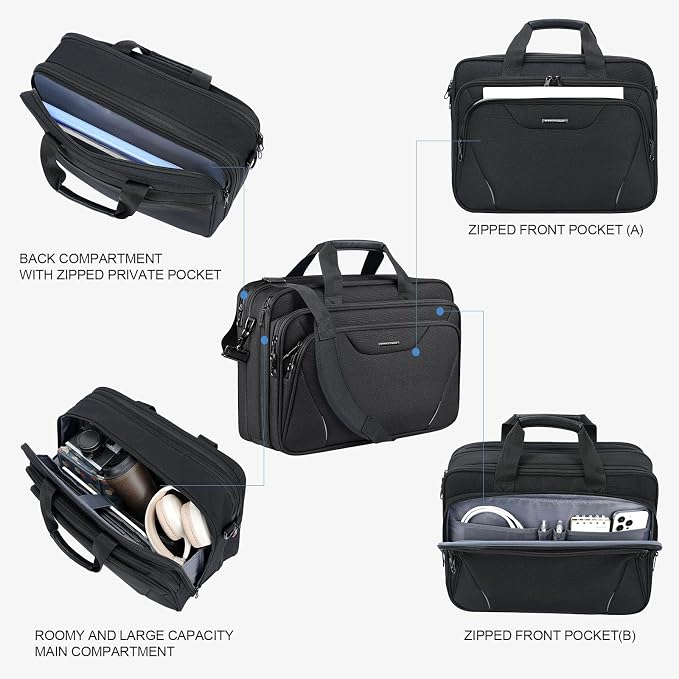 KROSER Laptop Bag Premium Laptop Briefcase Fits Up to 17.3 Inch Laptop Expandable Water-Repellent Shoulder Messenger Bag Computer Bag for Travel/Business/Men/Women-Black/Grey