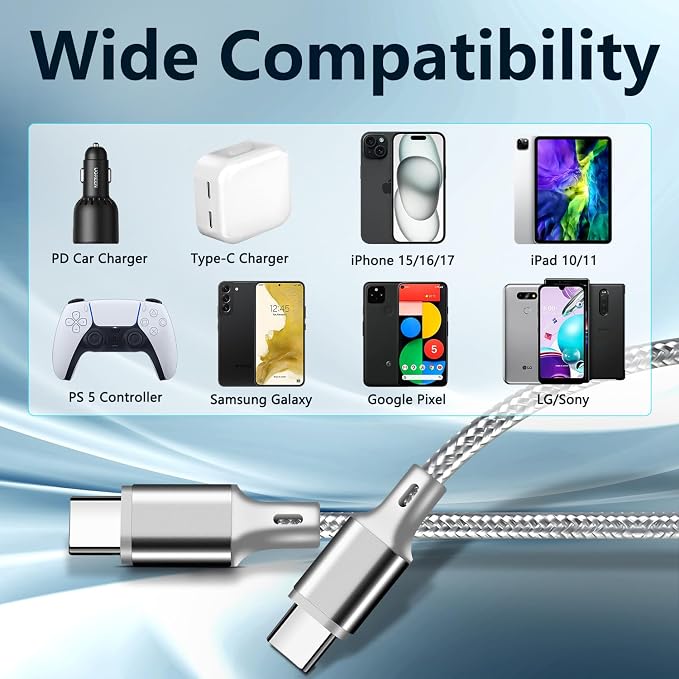 USB C to USB C Charger Cable, 3Pack 10FT Type C Fast Charging Cord Compatible for iPhone 15/16/17/Pro/Max/Plus, iPad Pro Air Ps5 Controller Samsung Galaxy - Gray