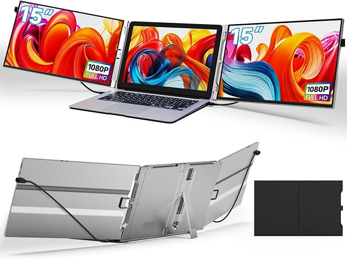 15'' Portable Laptop Screen Extender - Triple Monitor Setup, Dual 1080P FHD Displays, Aluminum Travel Monitor Multi Screen Attachment for 13.3-16.5'' Laptop with USB-C HDMI