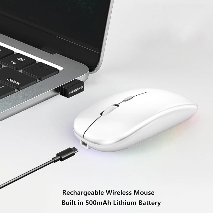 WREANU Wireless Bluetooth Mouse Rechargeable Laptop Mice Silent Slim Use(BT5.2 and 2.4G Portable USB Receiver) Dual Mode Computer Mouse for Laptop/iPad/Tablet/Apple/Computer/Mac(Bright White)
