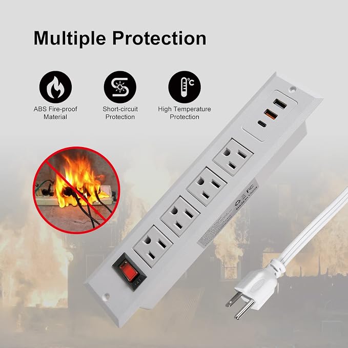 20W Mountable Power Strip USB C Recessed Power Strip USB-C Fast Charge 4 Outlet 3 USB Multiple Protection Built in Conference Desk Counter Workbench for PC Home Electric Appliance White