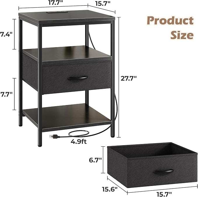 SUPERJARE Night Stand with Charger Station, 27.7 Inch Tall Nightstand with Adjustable Fabric Drawer, Bed Side Table, Fabric Drawer Dresser for Bedroom, Living Room, Black