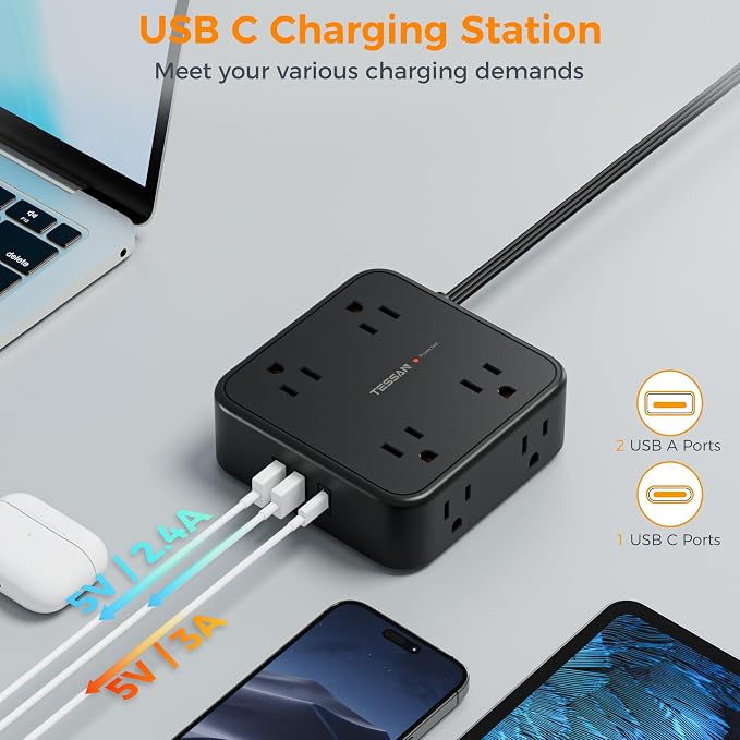 TESSAN Surge Protector Power Strip, 15 Ft Flat Plug Extension Cord with 3 USB (1 USB C) 8 Outlets, 1250W, 900J Protection, 3 Sided Outlet Extender with Power Switch for Office, Dorm Room, Black