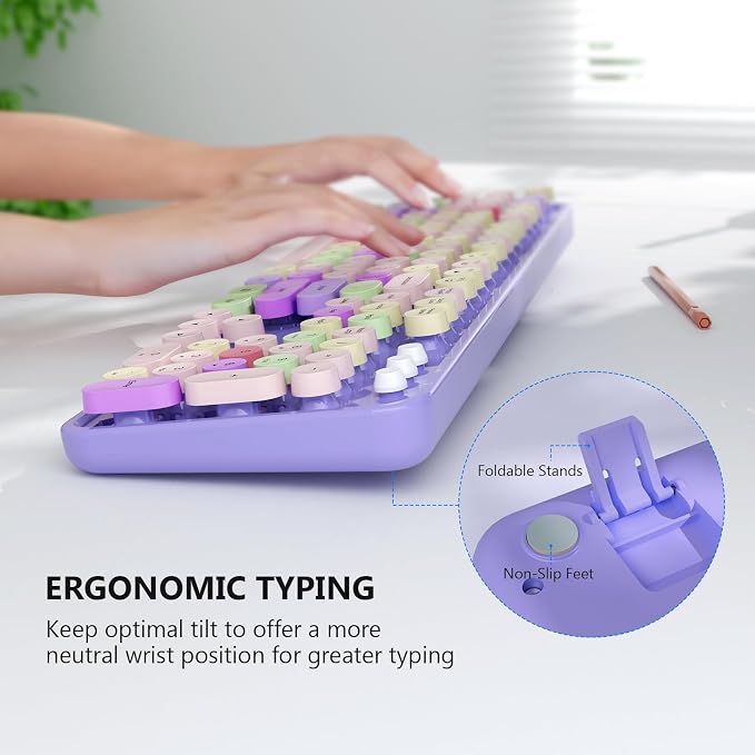 Wireless Keyboard and Mouse Combo, MOFII Full-Size Retro Round Keyboard and Mouse, 2.4 GHz Wireless, Plug and Play, 8 Multimedia & Shortcut Keysfor Mac, Windows, Laptop/Desktop/PC (Purple)