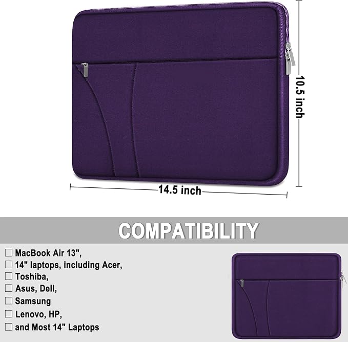 Laptop Sleeve Case 14 inch, Slim Traveling Laptop Cover with Zippered Pocket, Shockproof Protective Carrying Briefcase Computer Bag for 14" MacBook Air/Pro, HP, Dell, Lenovo, Acer, Dark Purple