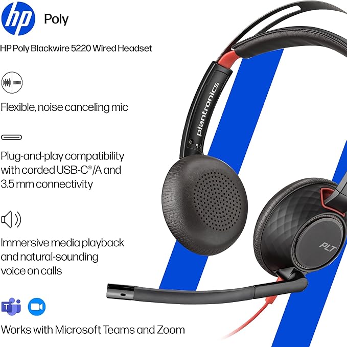 Poly Blackwire 5220 Wired Headset - Flexible Boom Mic - Noise Cancelling Headphones with Mic - USB-C, USB-A, 3.5mm - Ergonomic Over-Ear Design - Works with Microsoft Teams, Zoom - Work from Home