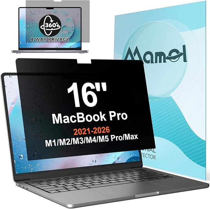 360° Privacy Screen for MacBook Pro 16 Inch (2021-2026, M1, M2, M3, M4, M5, Pro, Max), Anti Glare Blue Light Filter, Nano No Glue Anti Spy Black Protector for Mac 16In Laptop
