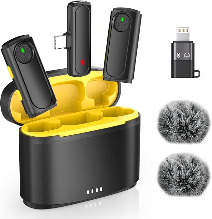 Wireless Mini Microphone for iPhone - 2 Pack Lavalier Microphone for Video Recording, 2 in 1 Noise Reduction Lapel Mic for Android, Clip on Mini Mic for Content Creators (with Charging Case)