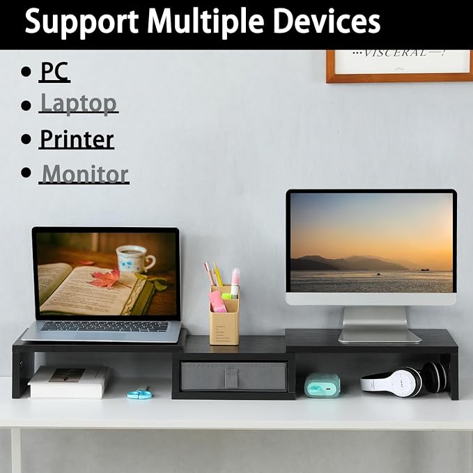 TEAMIX Dual Monitor Stand Riser with Drawer - Length and Angle Adjustable Double Monitor Riser Corner Desk Shelf Organizer 37 inch Long Monitor Riser for 2 Monitors/Laptop/PC/Screen/TV