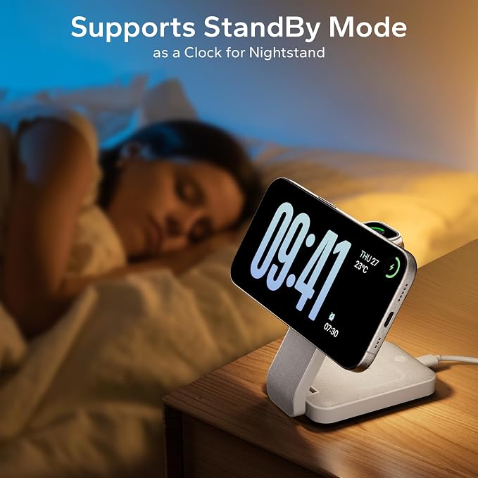Eazpower 3 in 1 Foldable Wireless Travel Charging Station for MagSafe, Nightstand Magnetic Charger Stand for iPhone 17 16 15 14 Pro Max, Charging Dock with Night Light for Apple Watch/AirPods (White)