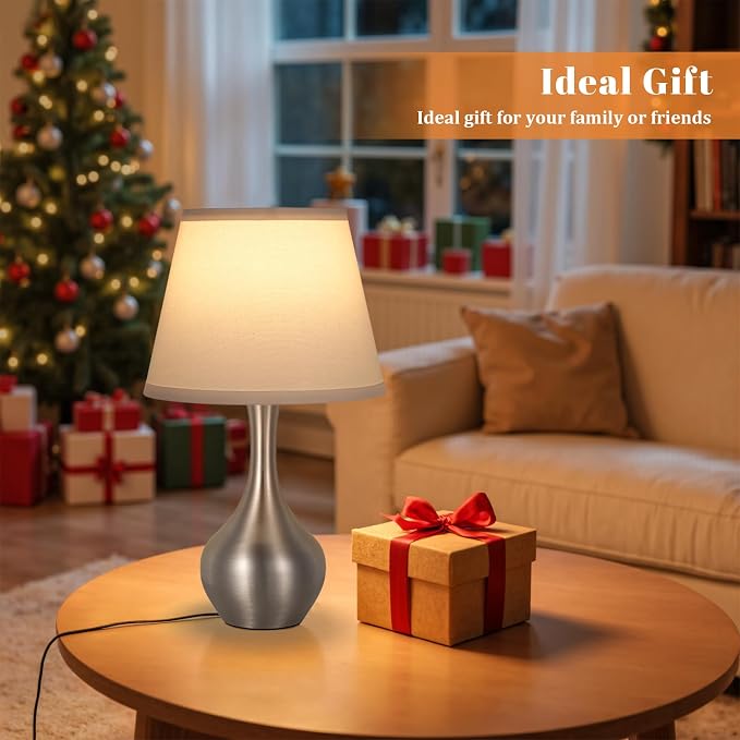 Seealle Touch Table Lamps for Bedroom Set of 2,3-Way Dimmable Small Bedside Lamps for Night Stands with Wires, Silver Desk Lamps for Kids Room,Office,Living Room, End Table(LED Bulbs Included)