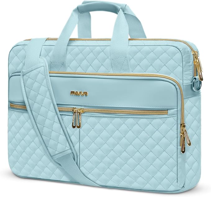 MOSISO 15-16 inch Laptop Bag, Laptop Briefcase Messenger Compatible with MacBook Pro 16/Air 15, HP, Dell, Lenovo, Square Quilted Computer Bag Work Office Business with 3 Pockets&Strap, Ice Blue