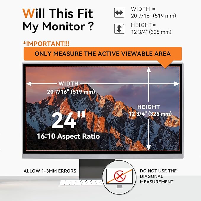 [2 Pack] 24 Inch Computer Privacy Screen for 16:10 Aspect Ratio Widescreen Monitor, Eye Protection Anti Glare Blue Light Computer Monitor Privacy Filter, Removable Anti-Scratch 24in Protector Film
