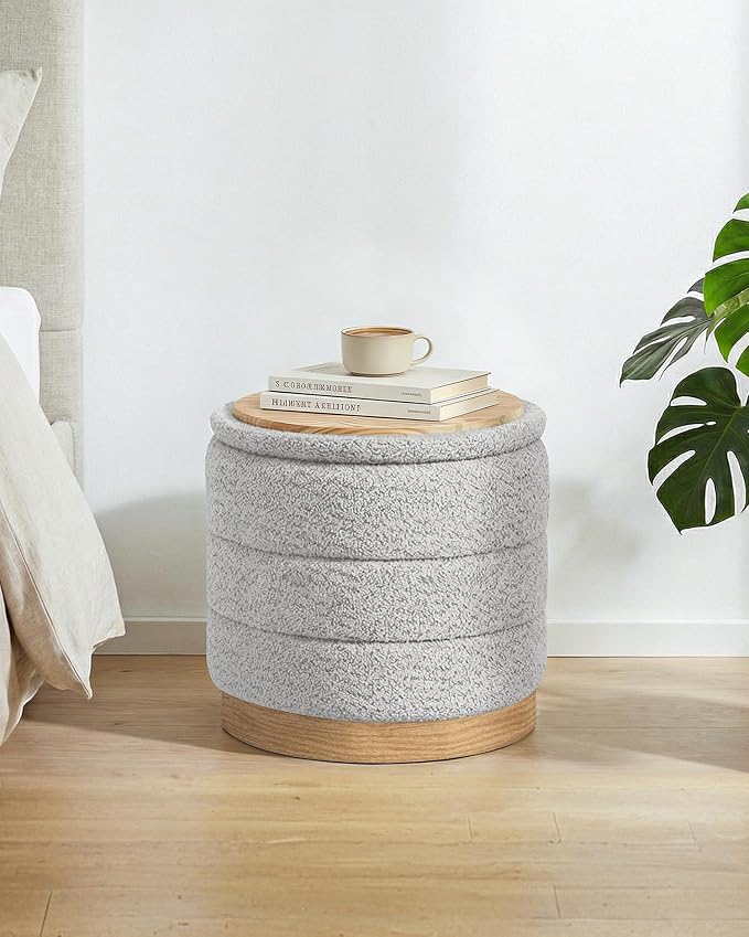 B FSOBEIIALEO Round Storage Ottoman with Tray, Folding Ottoman with Storage Coffee Table Foot Rest for Dorm Room Living Room Chenille Fabric,Sliver Grey,15.35"x15.35"x14.57"