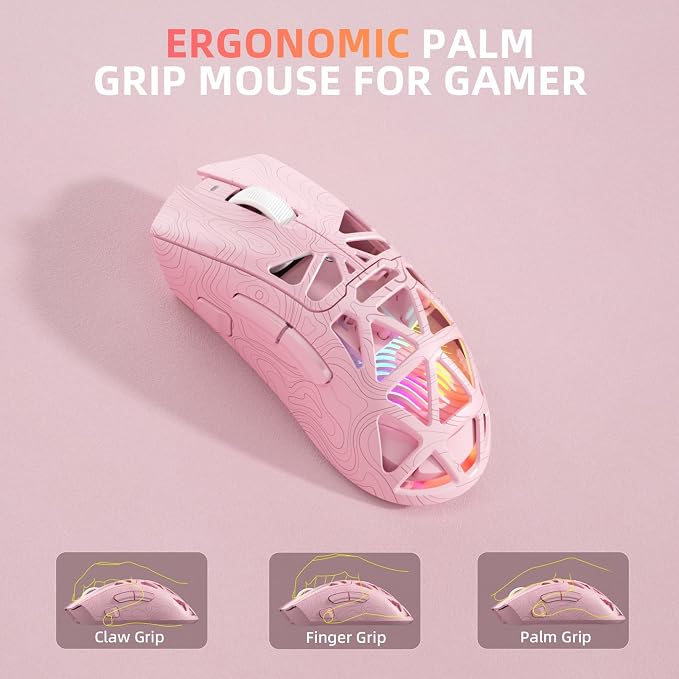 Aula SC620 Wireless Gaming Mouse, Tri-Mode 2.4GHz/USB-C/BT5.3 Computer Mouse with 12000 DPI, Programmable Macro Gamer Mouse with Rapid Fire Key, RGB Light Gaming Mice for PC/Laptop/Mac (Line Pink)
