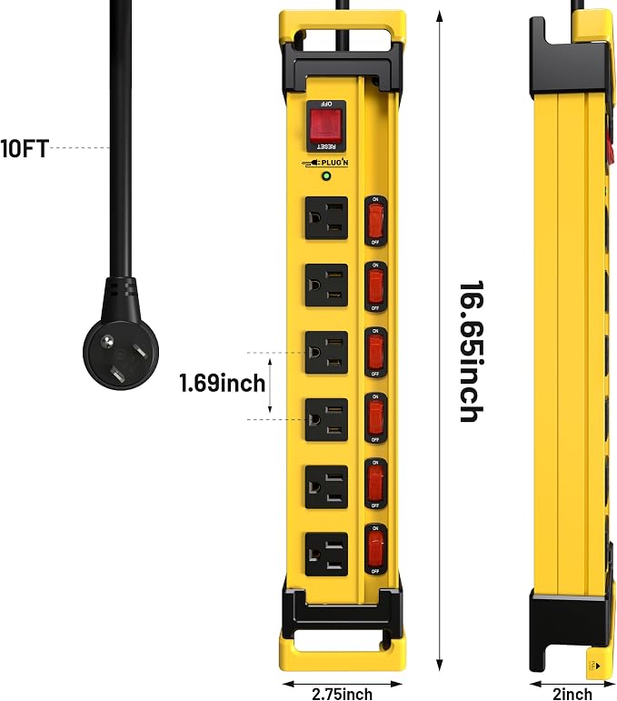 Power Strip Surge Protector 2700J with Individual Switches and Flat Plug, 10FT Heavy Duty Cord 6 Wide Spaced Outlet Mountable Metal Power Strips with Cord Manager and Hanger