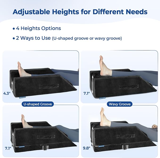 KingPavonini 4-Height Adjustable Leg Elevation Pillows for After Surgery with Ergonomic Curve, Memory Foam Wedge Pillow for Legs Swelling, Blood Circulation and Pain Relief, Black (Single Leg)