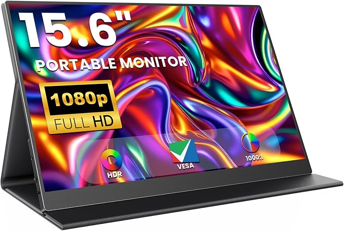 ZUCWO 15.6 Inch Portable Computer Monitor, Portable Monitor for Laptop,PC,MacBook,Phone, PS4, 1080P FHD Display with HDMI USB-C, Built-in Speaker with Leather Case, Travel Work Home Gaming Monitors