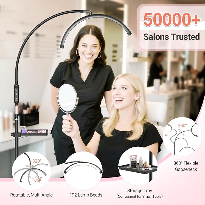 LIONVISON Half Moon Lash Light: 6500K LED Lamp Ring Light with Tray - 360° Flexible Gooseneck Durable Metal Stand - Salon Use for Lash Artists Eyelash Extensions (18In Black)