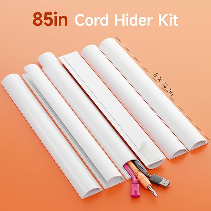 Delamu 85in Adhesive Cord Hider Wall, Mounted TV Cord Cover Kit, Multiple Cable Raceways for Wall Corner, Wire Cover Hiders for 2-3 Cables, 1.57" W X 0.59" H, White