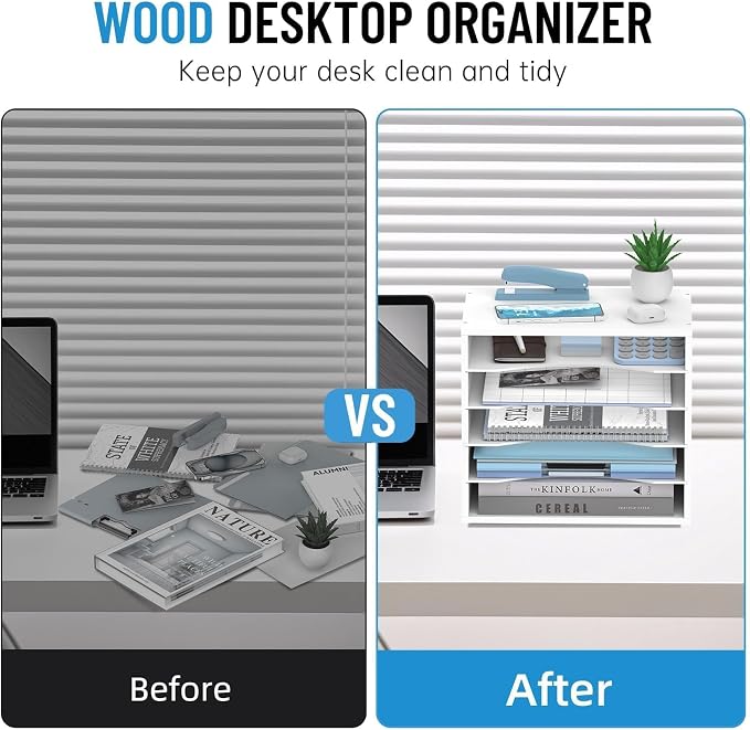 5-Tier Wood Desk Organizer, Paper Tray Organizer for Desk with Adjustable Storage Shelves, Desktop File Organization Paper Sorter Mail Holder for Office Home Classroom, White