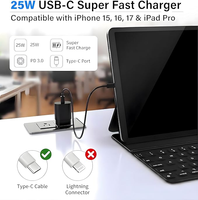 TT&C 25W Charger for Android, Super Fast Charging USB C Block & Type C Charge Cable Cord (6ft & 10ft) Compatible with Samsung Galaxy S26, S25, S24 Plus, S23, S22, & for iPhone 15/16/17-Black 2-Pack