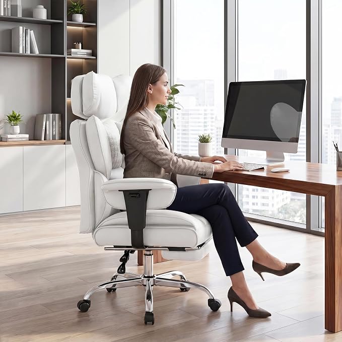 DUMOS Big and Tall Home Office Desk Chair, Gaming Computer Chair, Executive Ergonomic Chair with Footrest, High Back Reclining, Adjustable Armrests and Comfy Lumbar Support, PU Leather, White