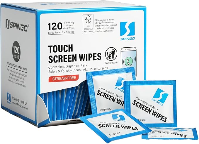 Touch Screen Wipes, Pre-Moistened Individually Wrapped Screen Cleaner Wipes for iPad, iPhone, Eyeglasses, Drone Remote Controller, Streak-Free Formula (120 Count)