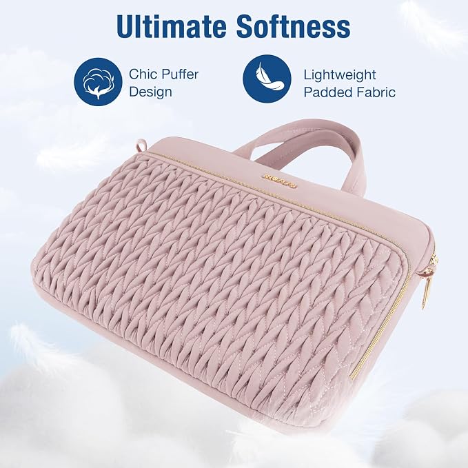 MOSISO 13.3 inch Laptop Shoulder Bag for Women, 13-14 inch Computer Bags Compatible with MacBook Neo 13/Air 13.6/13/Pro 13/14,HP Dell Lenovo ASUS, Wheat Ear Quilted Laptop Bag with Handle&Pocket, Pink