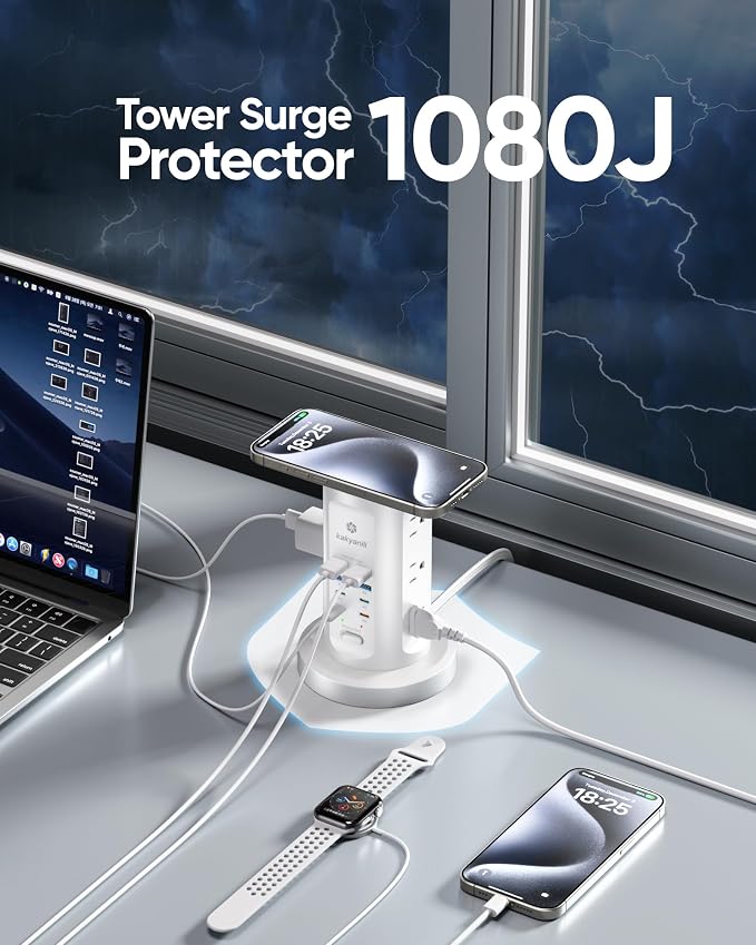Kakyanill 115W USB Charging Station, Surge Protector Power Strip Tower, 9 AC Outlets with 8 USB Ports(4 USB-C), 6Ft Flat Plug Retractable Extension Cord, for Home Office Dorm, White