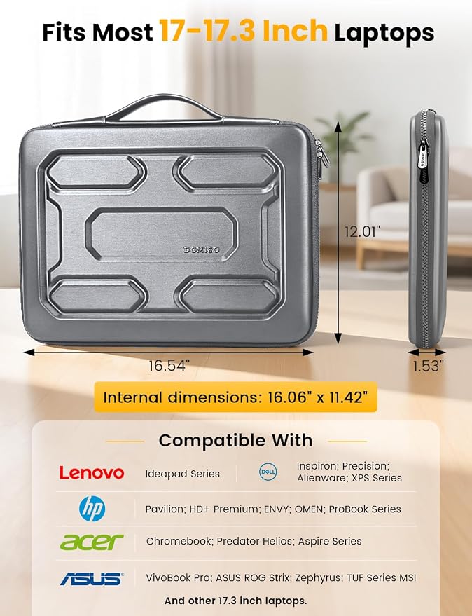 DOMISO Laptop Hard Case 17-17.3 inch Waterproof Shockproof Hard Shell Laptop Sleeve with Handle & Storage Pocket, Compatible with MacBook, HP, Dell,Dark Grey