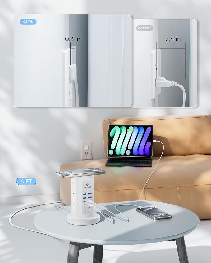 Kakyanill 30W USB Charging Station, Surge Protector Power Strip Tower, 9 AC Outlets with 8 USB Ports(4 USB-C), 6Ft Flat Plug Retractable Extension Cord, for Home Office Dorm, White