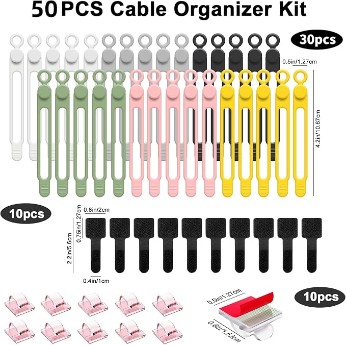 50Pcs Cord Organizer Kit, Reusable Silicone Cable Ties, Strong Adhesive Cable Clips for Cable Management, Multipurpose Wire Management for Bundling and Fastening Various Wires (6 Colors)