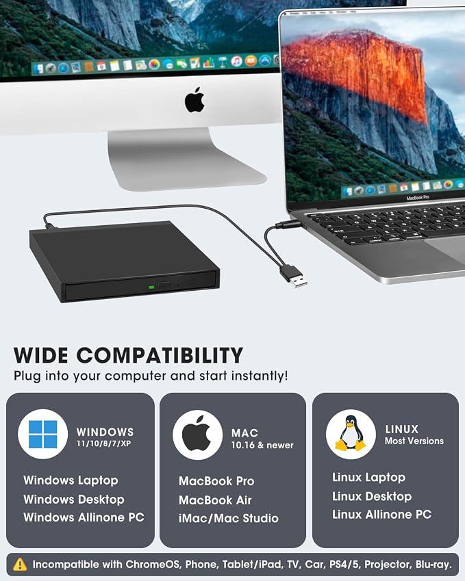 ROOFULL External CD DVD Drive with SD Card Reader & USB 3.0 Ports Hub & Carrying Case, USB-C CD DVD ROM/RW Disk Player Burner Writer for Laptop Mac PC Windows 11/10 MacBook iMac Desktop Computer