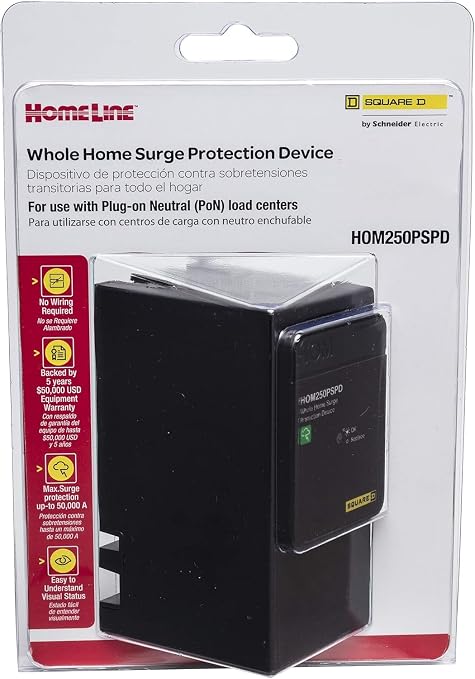 Square D - HOM250PSPD Homeline Whole House Surge Protection Device, 50kA, 120/240V, 1-Phase, No Wiring, Plug-On Neutral