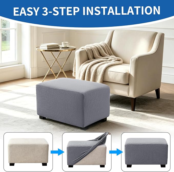 Ottoman Covers Ottoman Slipcovers Folding Storage Stool Washable Furniture Protector,Elastic Foot Stool Foot Rest Protector for Living Room Bedroom,X-Large,Light Gray