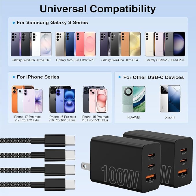 65W Super Fast Charger Type C for Samsung,3 Port 100W Quick Charging 3.0 USB C Block & 3/6/10/10FT Braided Type C Cord for Samsung Galaxy S26 Ultra/S26/S25 Ultra/iPhone 17 Pro/MacBook Pro/Air-Pink